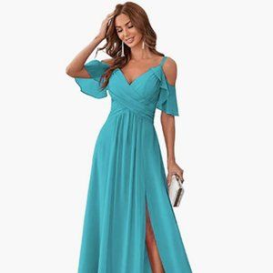 Cold Shoulder Long Chiffon Bridesmaid Dresses with Slit Ruffles V Neck Ruched
